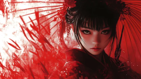 Red kimono warrior portrait with parasol and dynamic splatter