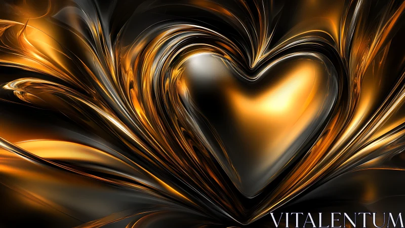 Golden liquid heart shape with dark background and flowing streams