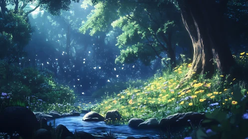 Enchanted forest stream with golden flowers and ethereal light beams