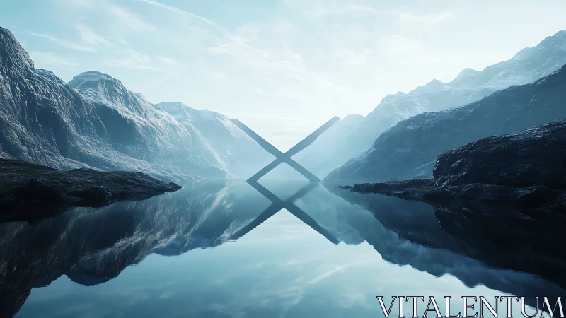 Monolithic X structure rises quietly over a mirrored fjord