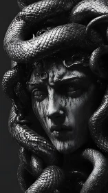High-contrast Medusa bust with coiled serpentine crown sculpture