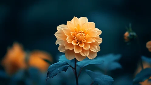 Dahlia blossom isolated against blurred teal background.