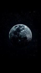 Lunar sphere in deep space with high contrast illumination.