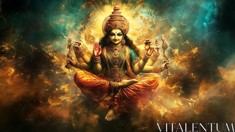 Radiant Hindu goddess floats in blazing cosmic splendor.