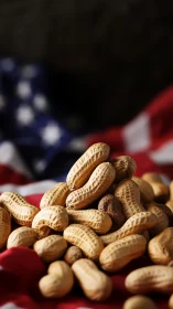 Peanut shells arranged on fabric with flag pattern backdrop.