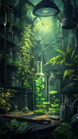 Bioluminescent greenhouse lab merges glass vessels and vines.