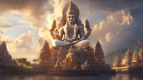 Sunlit stone deity enthroned above serene temple waterscape.