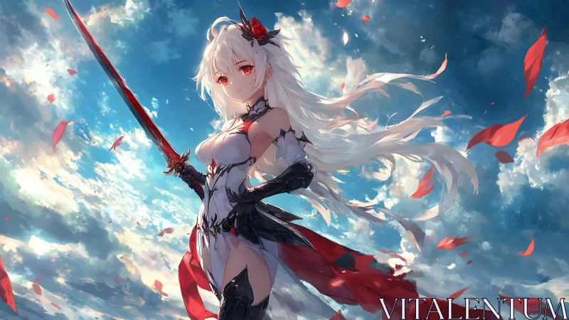 Skybound crimson swordswoman amid drifting petals.