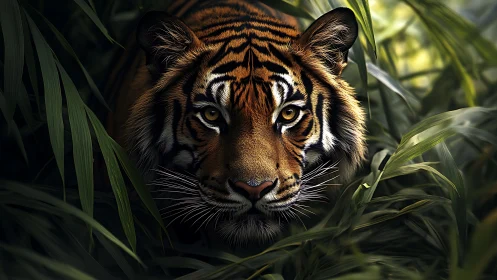 Tiger face emerging from dense green foliage in sharp focus