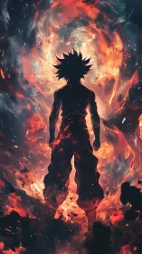 Fiery warrior silhouette stands calm within swirling cosmic flame