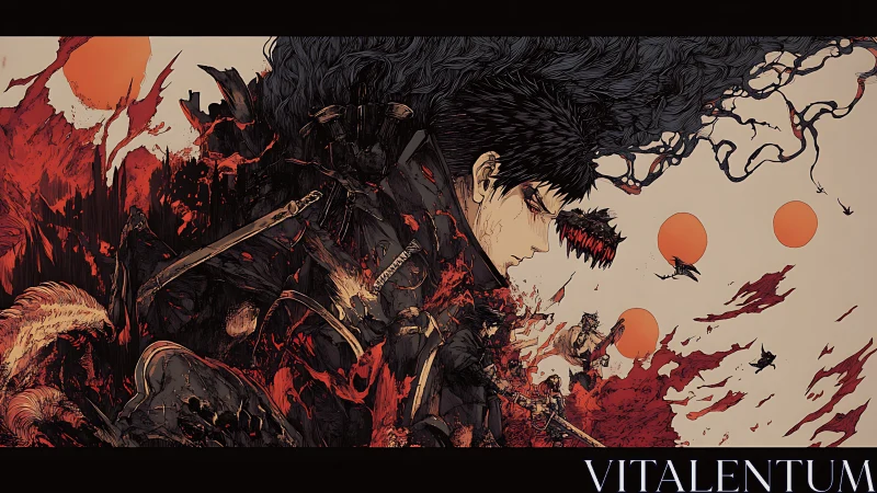 Samurai warrior dissolves into chaotic red battlefield abstraction