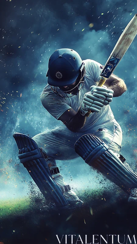 Dynamic low-angle digital painting of batsman executing shot