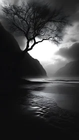 High contrast coastal silhouette captures tree against backlit sky