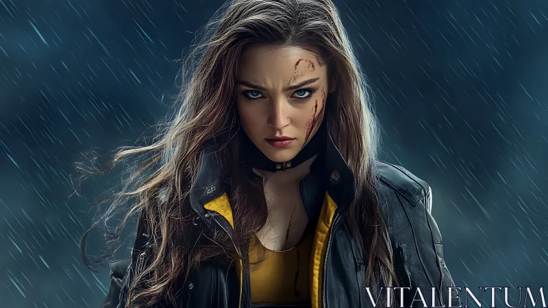 Stormlit warrior portrait shows rain-soaked leather, sharp bokeh field