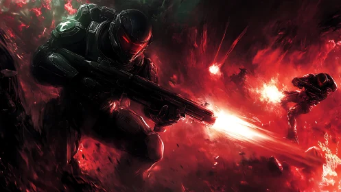 Midnight shock trooper storms a burning crimson warzone.