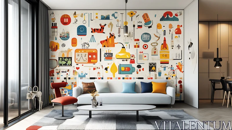 Colorful abstract mural energizes modern minimalist living room