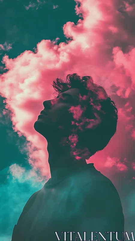 Double-exposed male profile merges with magenta clouds and teal sky