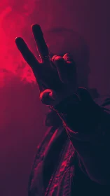 Hand gesture silhouette under red directional lighting.