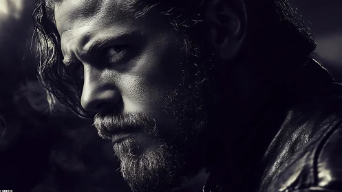 Brooding bearded man in dramatic monochrome closeup portrait.