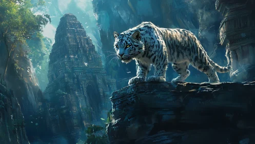 Moonlit jungle temple watched by a wandering white tiger.