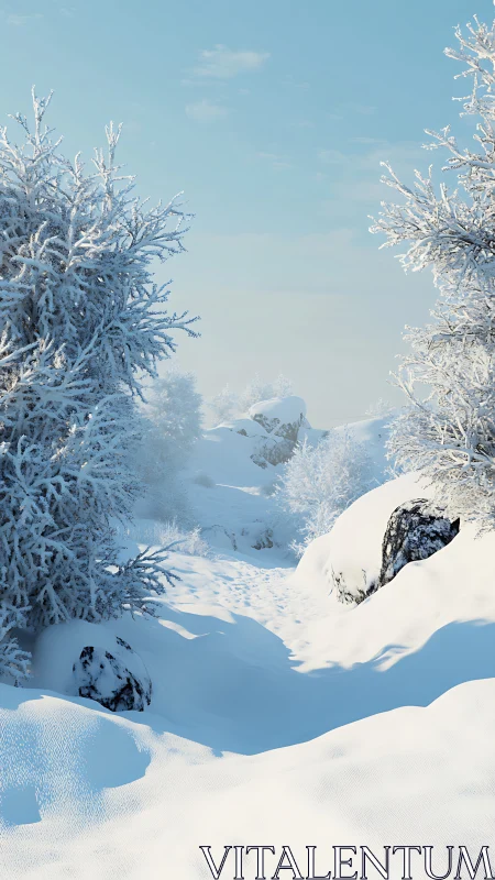 Winter forest ravine under clear blue morning sky.