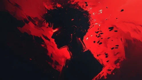 Brooding silhouette glows against swirling red energy storm.