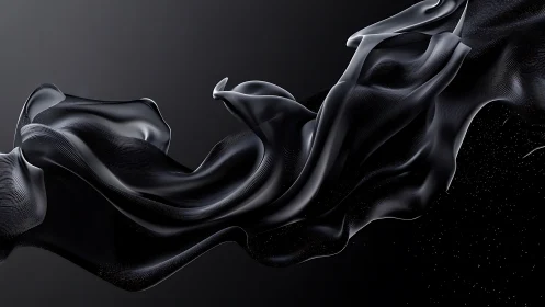 Black fluid ribbon twists through dark minimal gradient field.