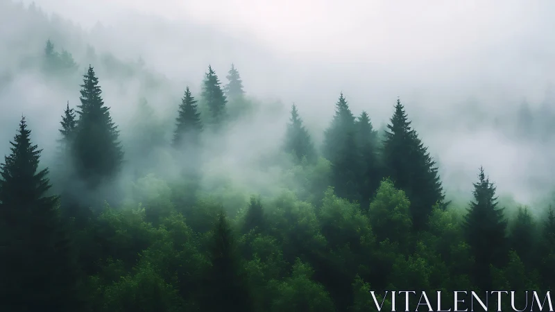 Coniferous forest layers with atmospheric mist penetration.