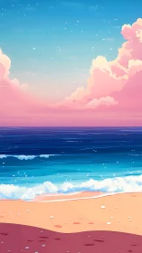 Soft pastel shoreline under dreamy pink sunset sky.