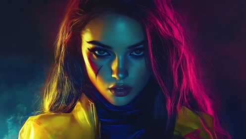 Neon-lit cyber heroine gazing boldly into the night.