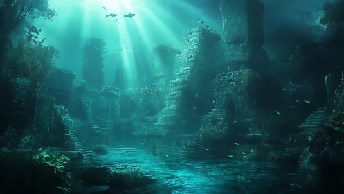 Submerged stone ruins under teal light shafts and fish.