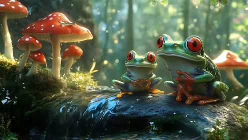 Red-eyed tree frogs on forest rock beside mushrooms.