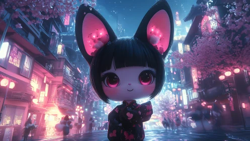 Neon-eared street wanderer turns dusk into candy-lit wonder