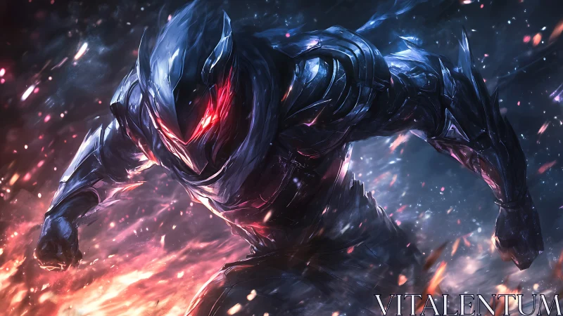 Cybernetic knight charges through molten embers and smoke.