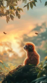 Golden monkey cub on mossy rock at glowing forest dawn.