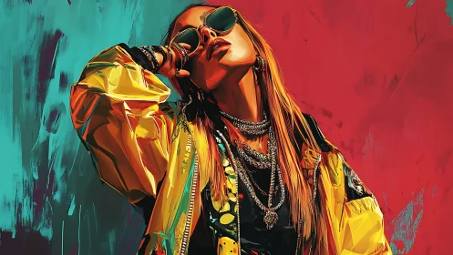 Stylized portrait of woman in yellow jacket with bold neon bicolor background