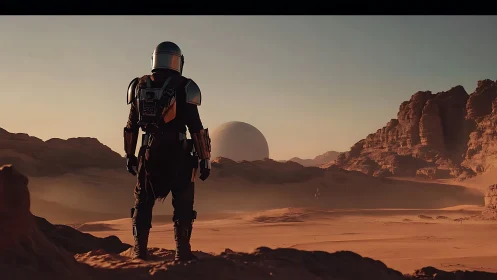 Lone chrome wanderer surveying twin-sunned desert frontier.