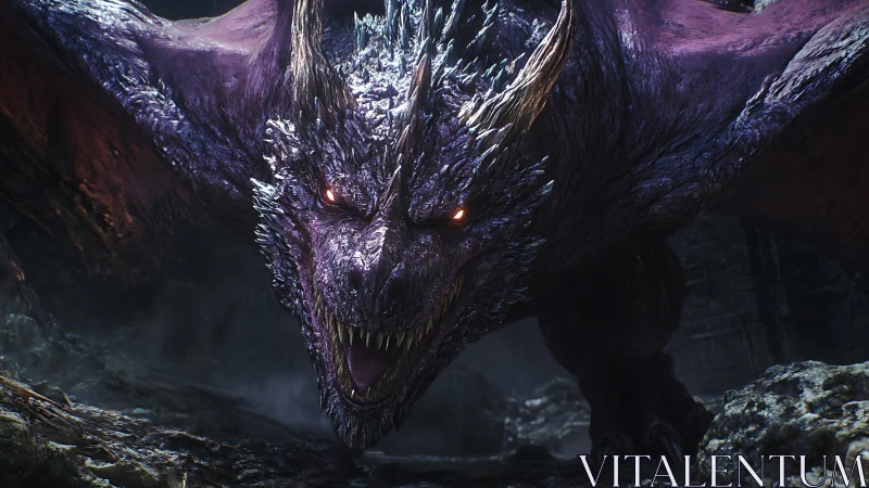 Volumetric-lit obsidian dragon in aggressive forward lunge pose.