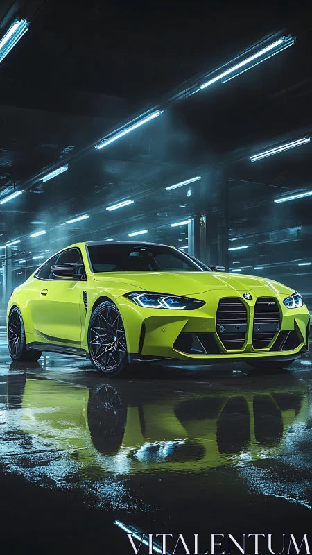 Neon yellow sports coupe stands poised in a slick urban garage