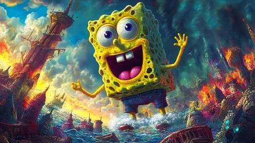 Fantasy cartoon sponge over apocalyptic seascape, digital painting.