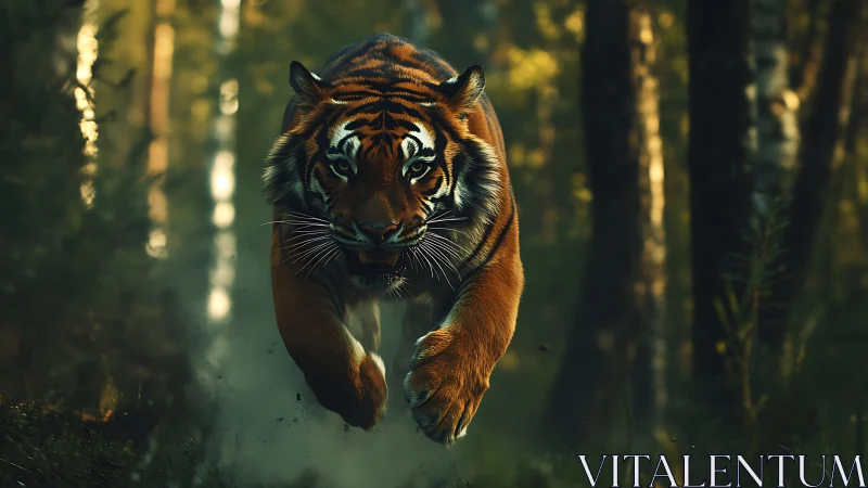 Powerful tiger charges forward through a shadowed forest path
