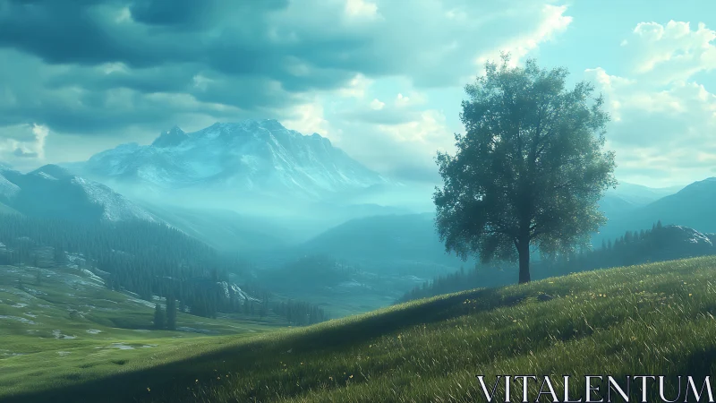 Solitary hillside tree anchors atmospheric alpine valley vista