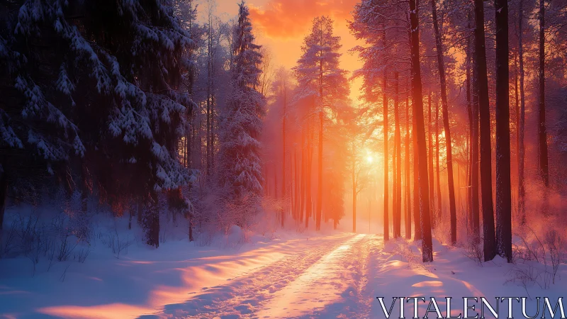 Golden winter sunrise glowing through a peaceful forest path.
