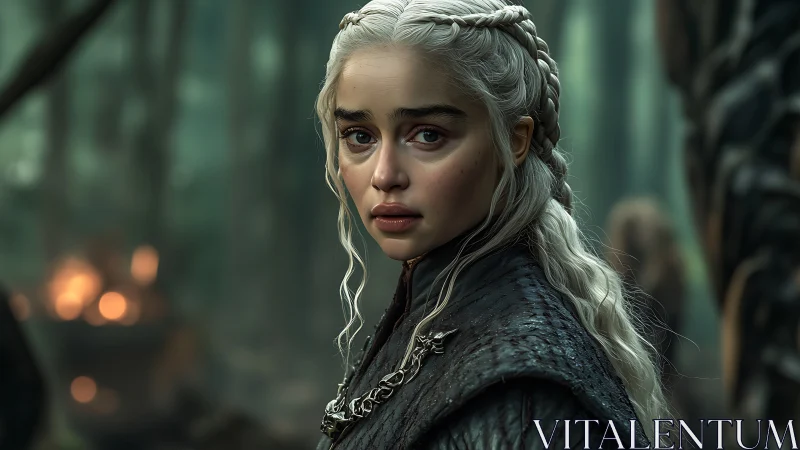 Silver haired warrior pauses softly in a misty forest.