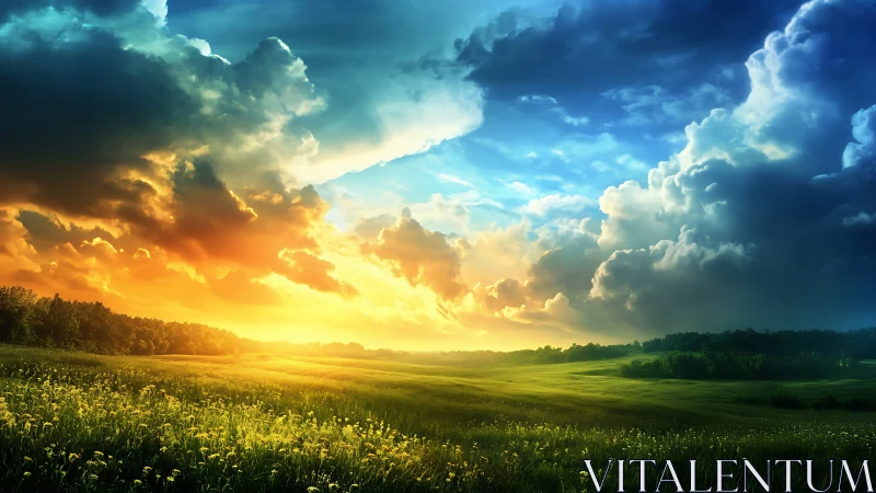 Sunlit meadow under dramatic multicolored sky.