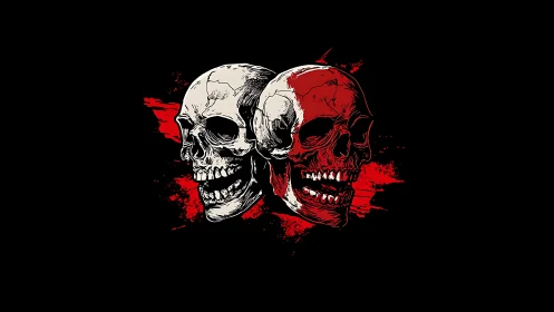 Twin skulls glow boldly against a vivid red splatter backdrop