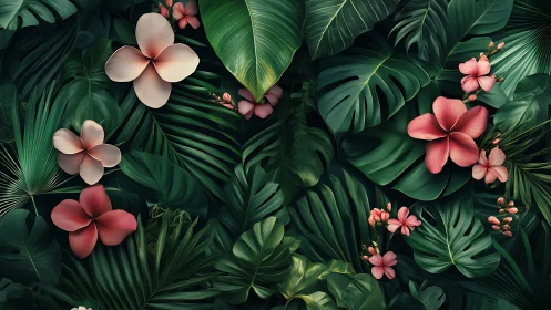 Plumeria blossoms within dense monstera and palm foliage field