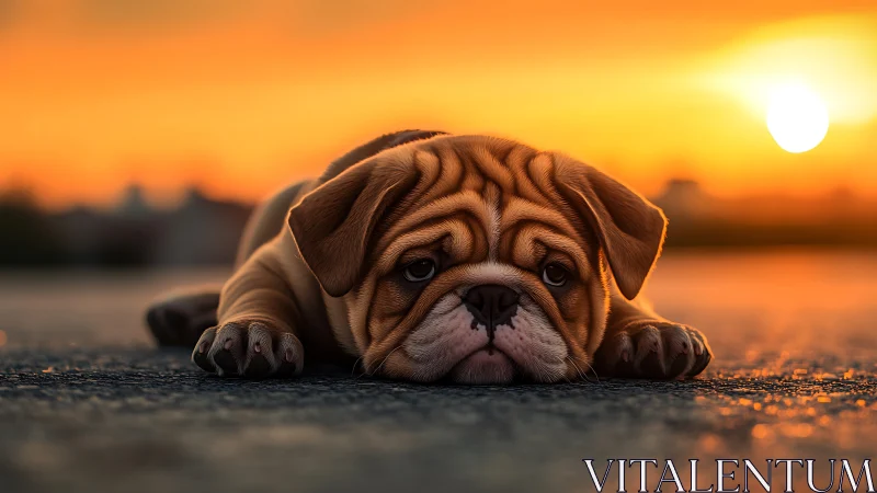 Low-angle bulldog puppy portrait under high-saturation sunset sky