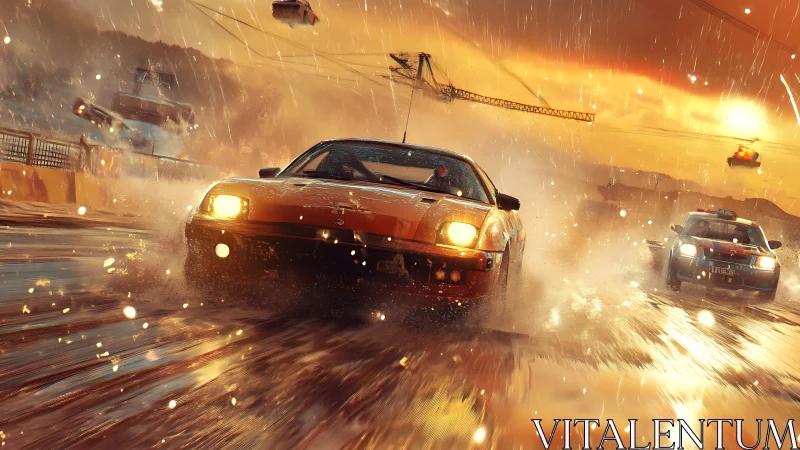 Sunlit street racers carving sparks through stormy rain.
