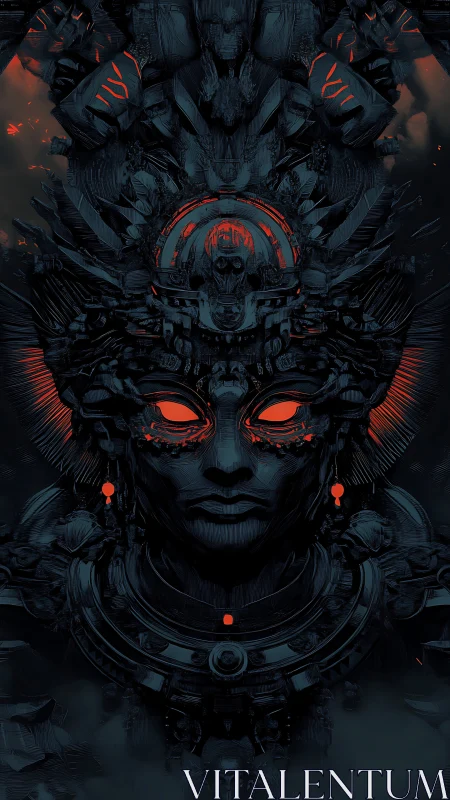 Symmetrical mechanical deity face with red illuminated eyes.